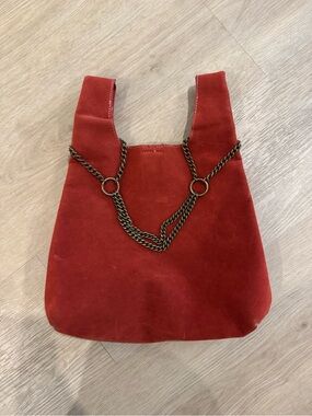 Red Suede Chain-Accent Shoulder Bag